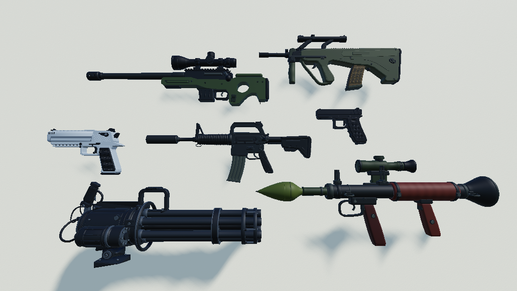 3D weapon models including rifles, pistols, a minigun and a rocket launcher