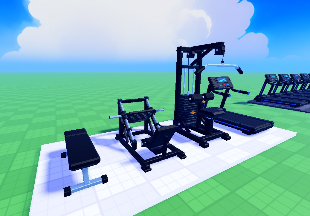 3D simulator scene with gym machines, benches and treadmills