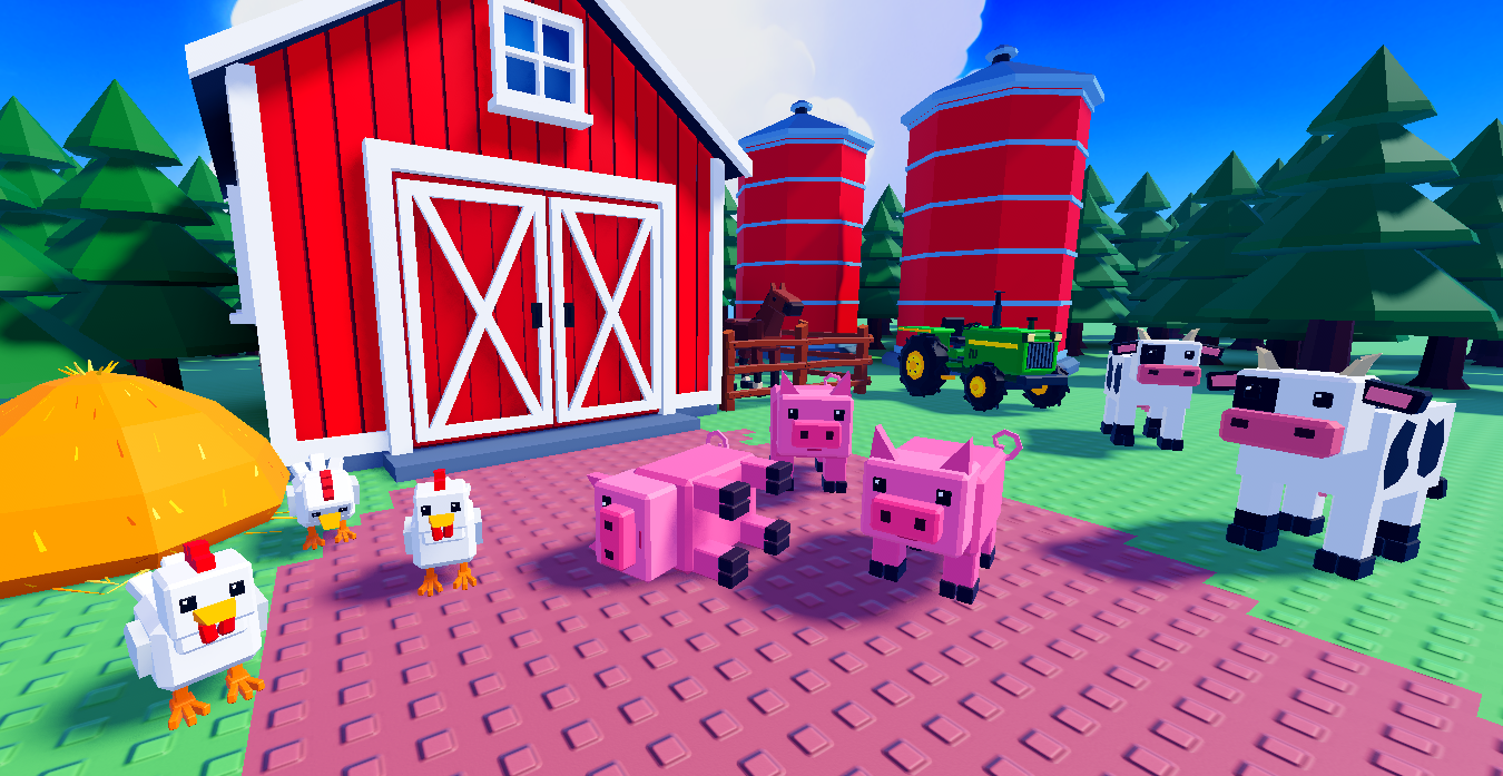 3D low poly farm scene with pigs, cows, chickens, a red barn, silos and a tractor
