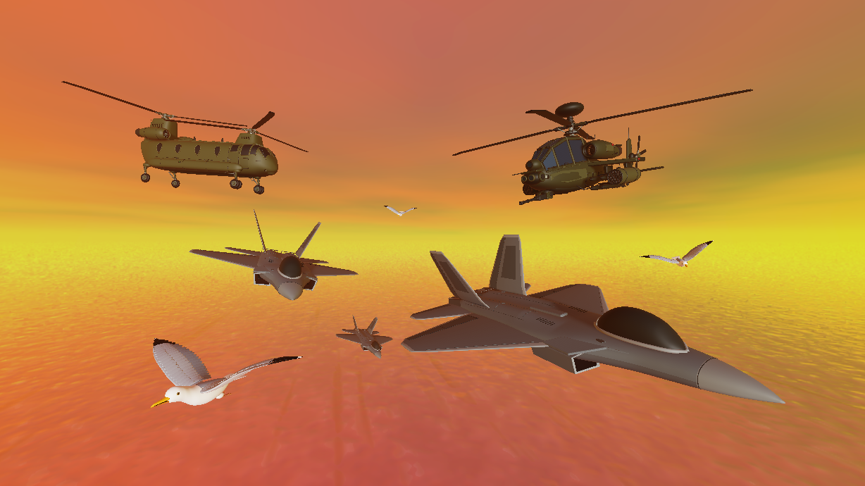 3D military aircraft and helicopters flying over the ocean at sunset