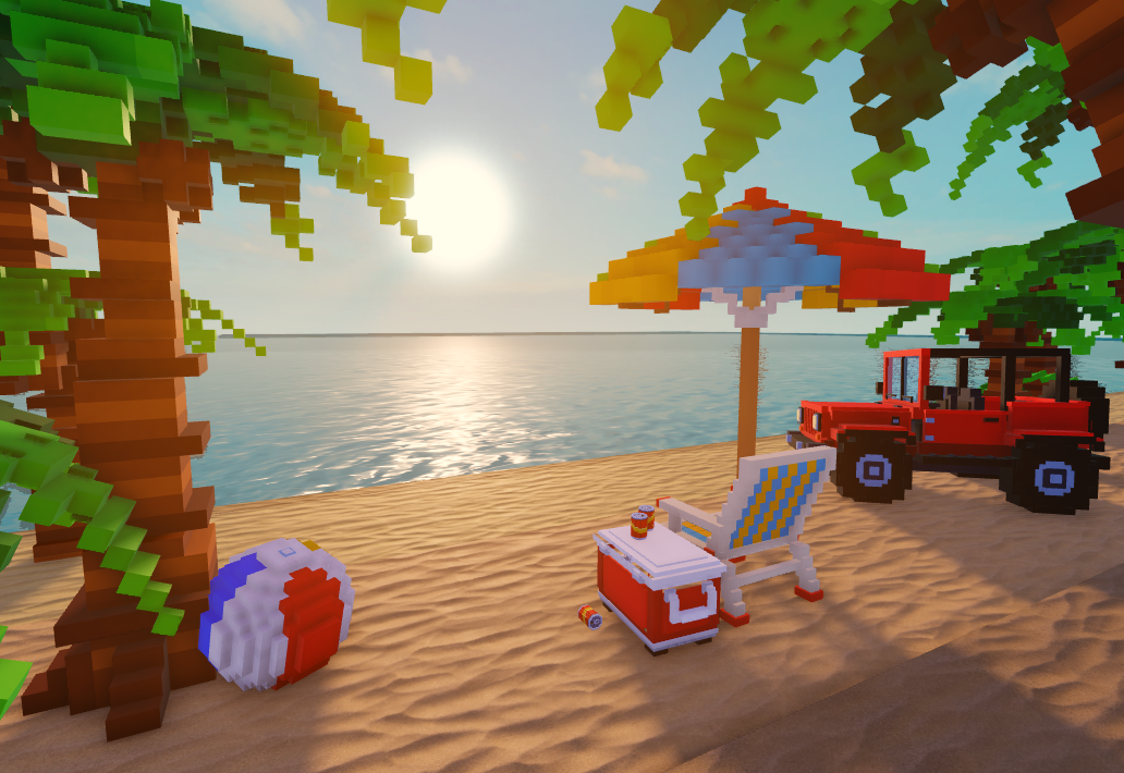 Blocky beach scene with palm trees, a red off-road jeep, an umbrella and a beach ball by the ocean