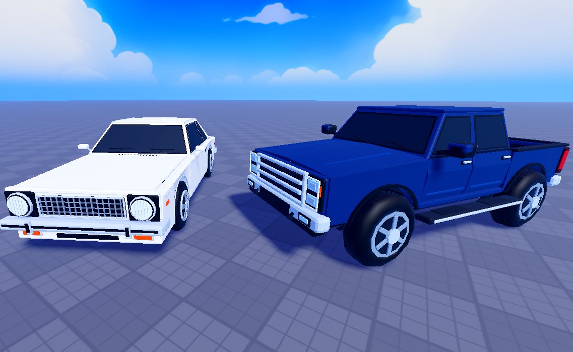 3D roleplay vehicle scene with a white classic car and a blue pickup truck